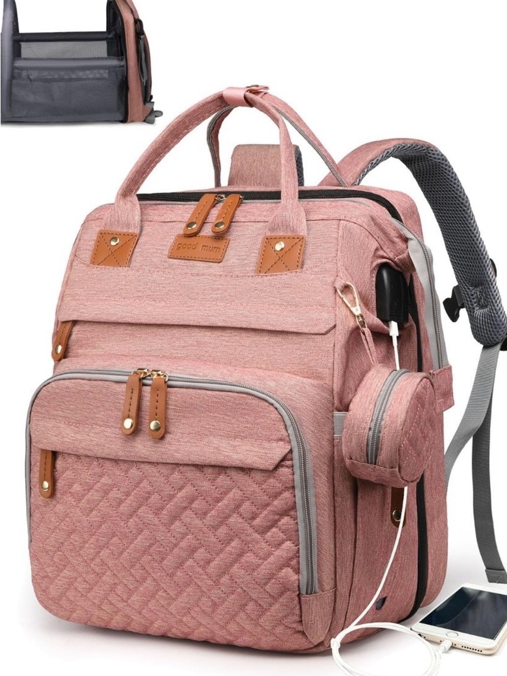 Pink Quilted Multi-Pocket Backpack Bag